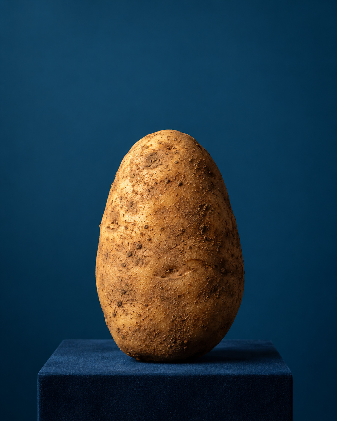 A formal studio portrait of a russet potato on a dark blue plinth.
