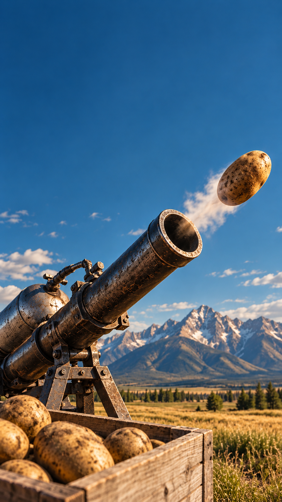 Potato cannon in an Idaho field with mountain peaks and a potato in flight.