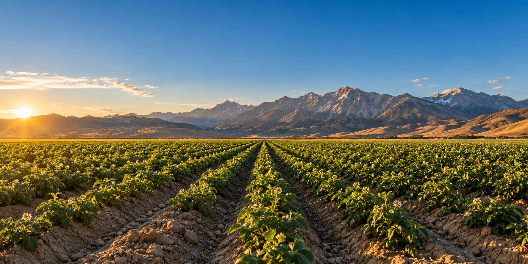Rows of an Idaho potato field receding toward a mountain horizon in golden light.